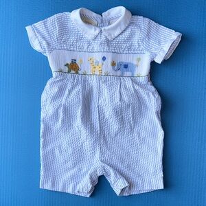 Carriage Boutique Blue and White Seersucker Striped Smocked Baby Shortall